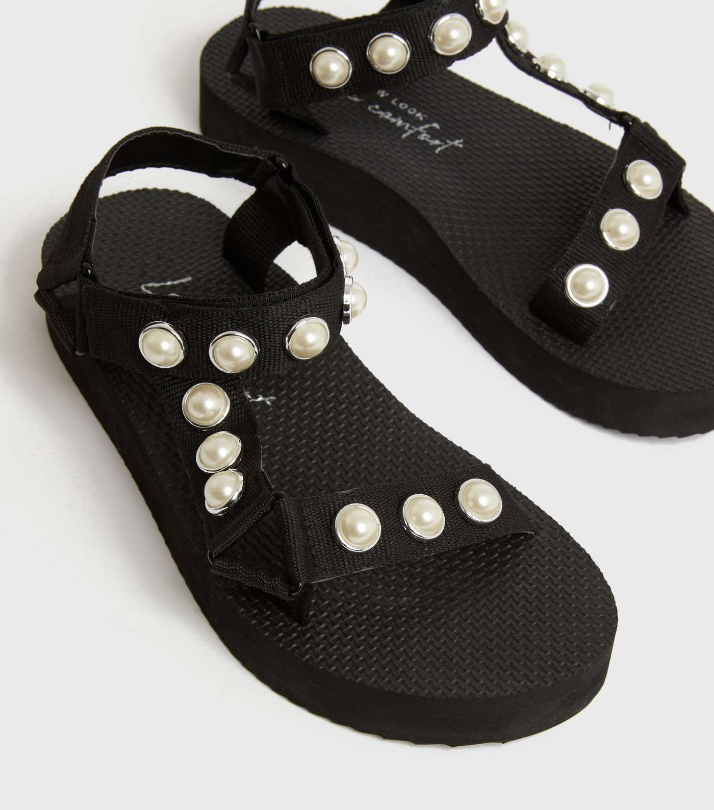 Black Faux Pearl Chunky Flatform Sandals Image 4