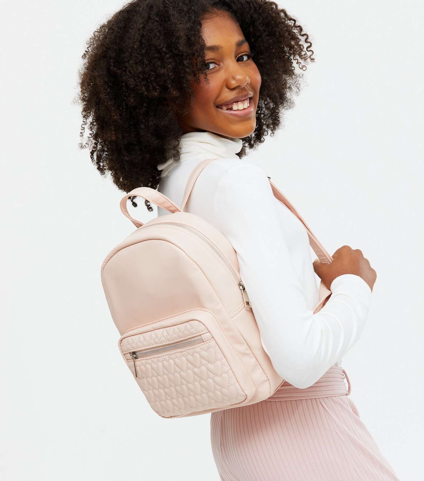 Girls Pale Pink Heart Quilted Backpack  Image 2
