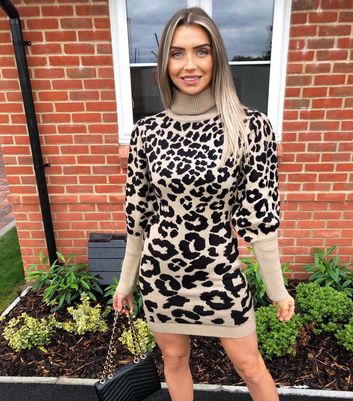 Leopard Print Puff Sleeve Jumper Dress 