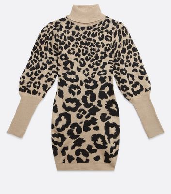 Image of AX Paris Stone Leopard Print Puff Sleeve Jumper Dress New Look