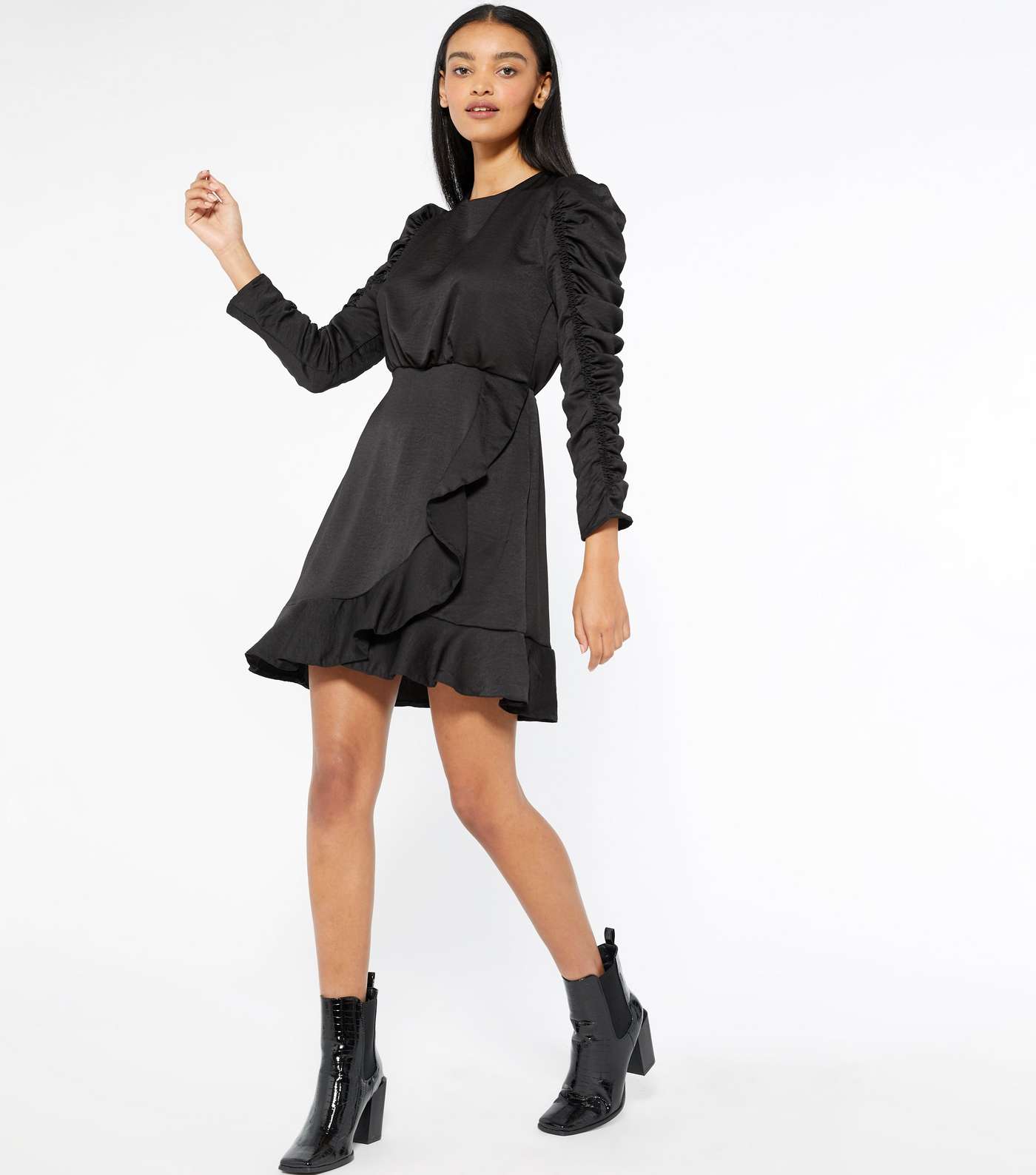 AX Paris Black Ruched Puff Sleeve Ruffle Dress Image 2