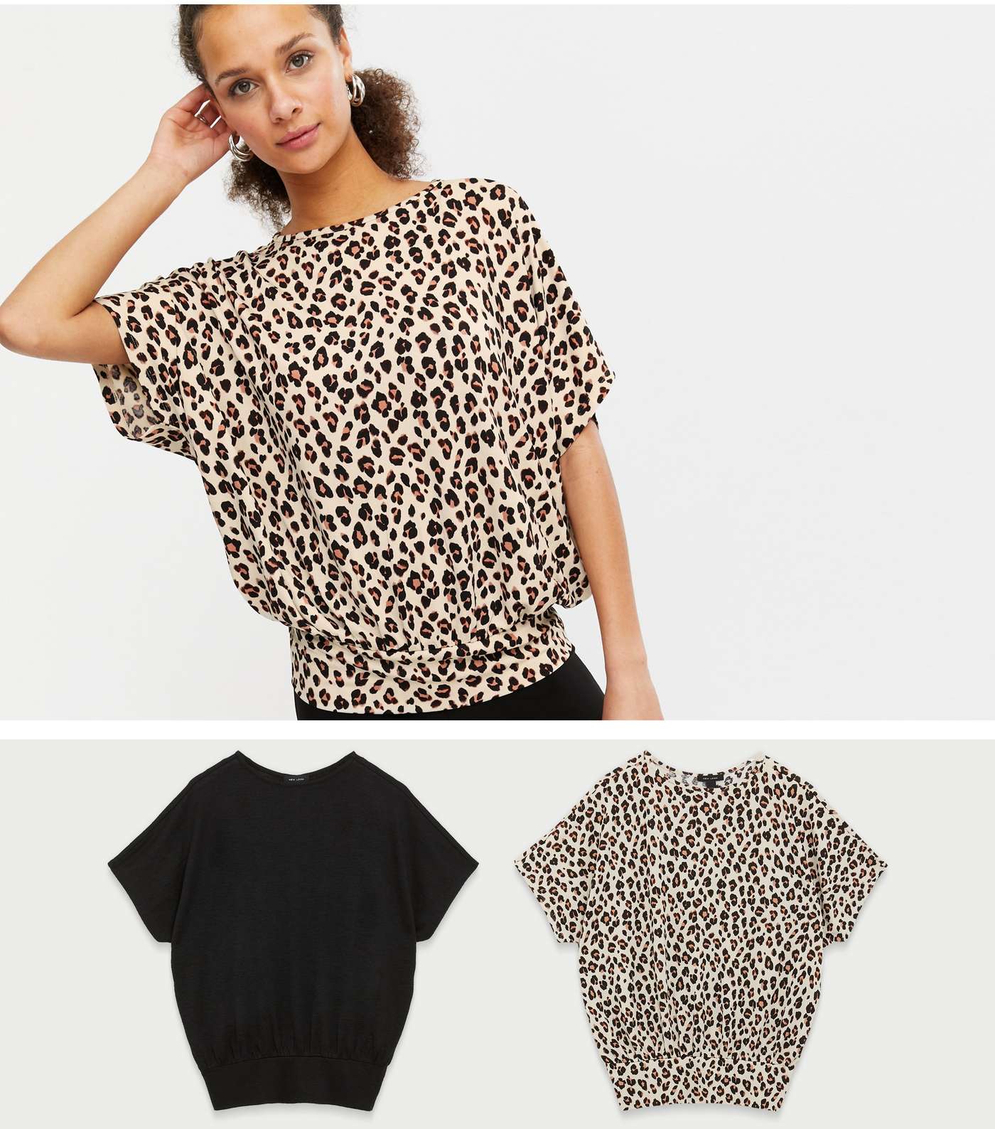 2 Pack Brown Leopard Print and Black Knit Batwing Tops 