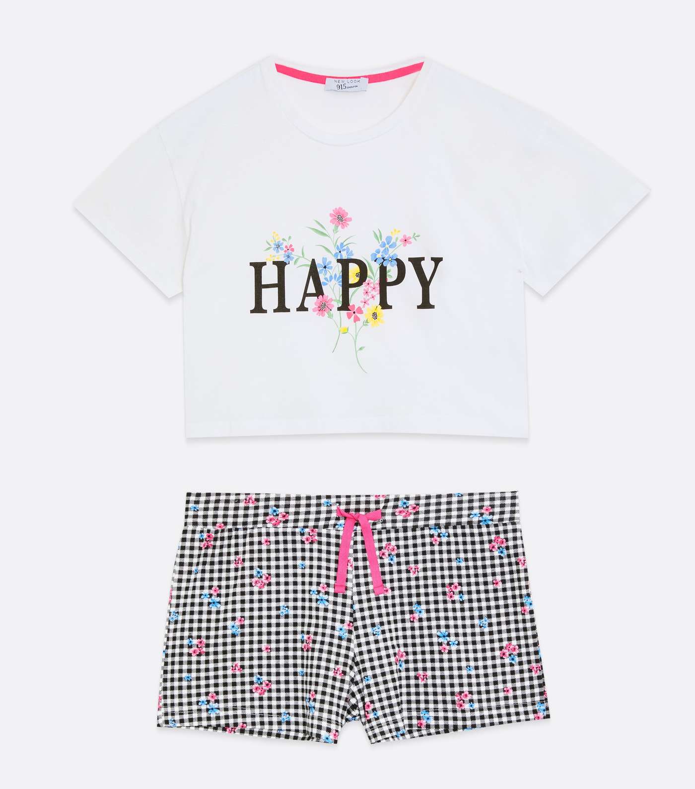 Girls White Gingham Happy Logo Short Pyjama Set Image 5