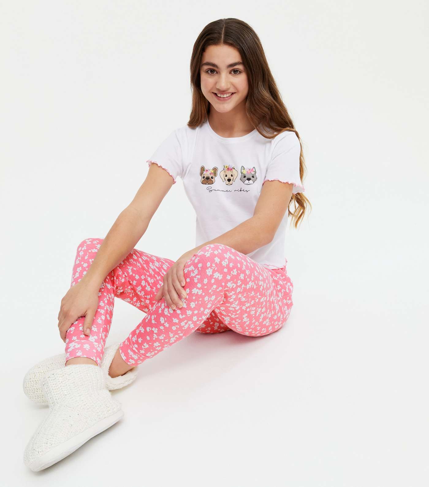 Girls White Dogs Summer Vibes Logo Jogger Pyjama Set