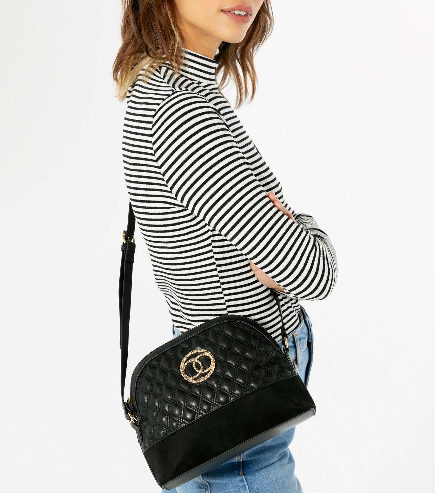 Black Quilted Leather-Look Ring Cross Body Bag Image 2