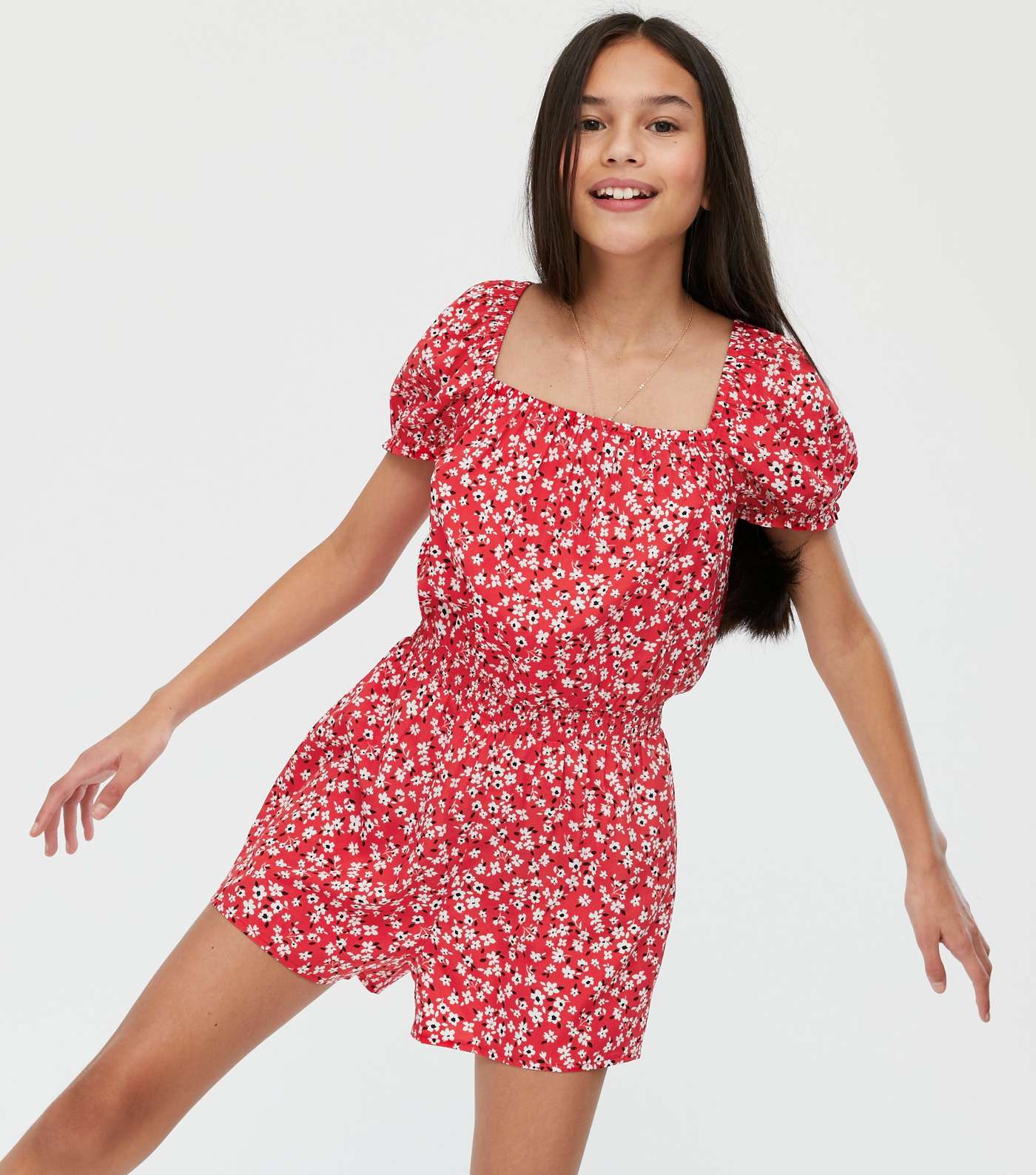 Girls Red Ditsy Floral Square Neck Playsuit
