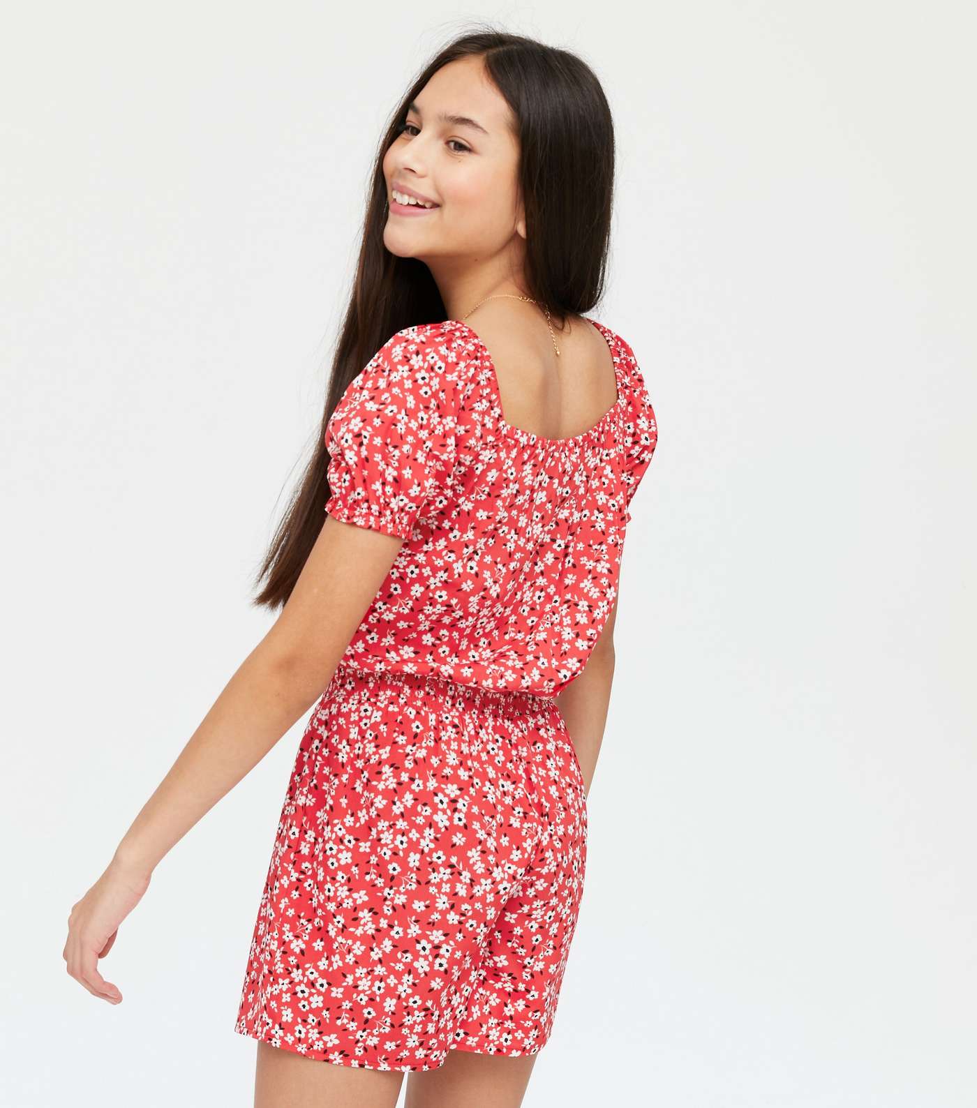 Girls Red Ditsy Floral Square Neck Playsuit Image 3