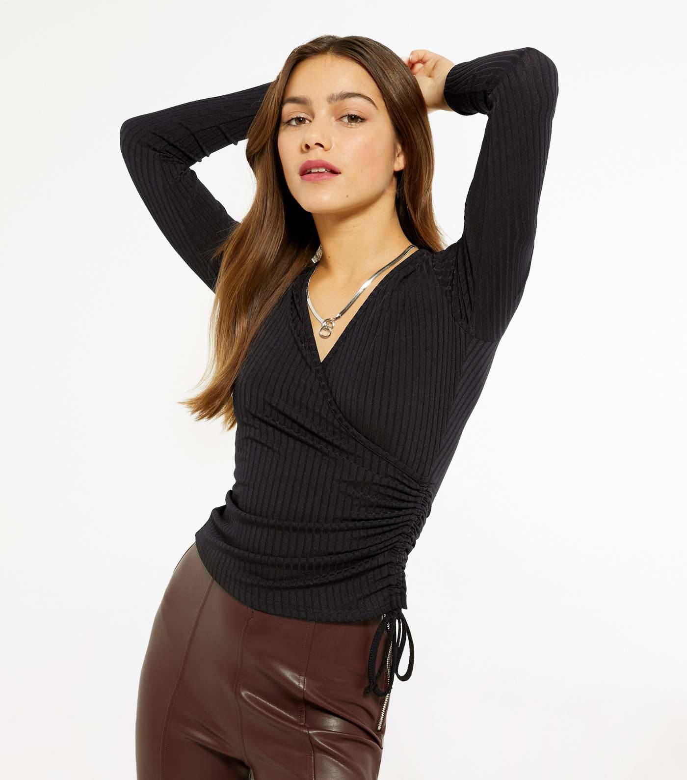 Petite Black Ribbed Ruched Side Wrap Top