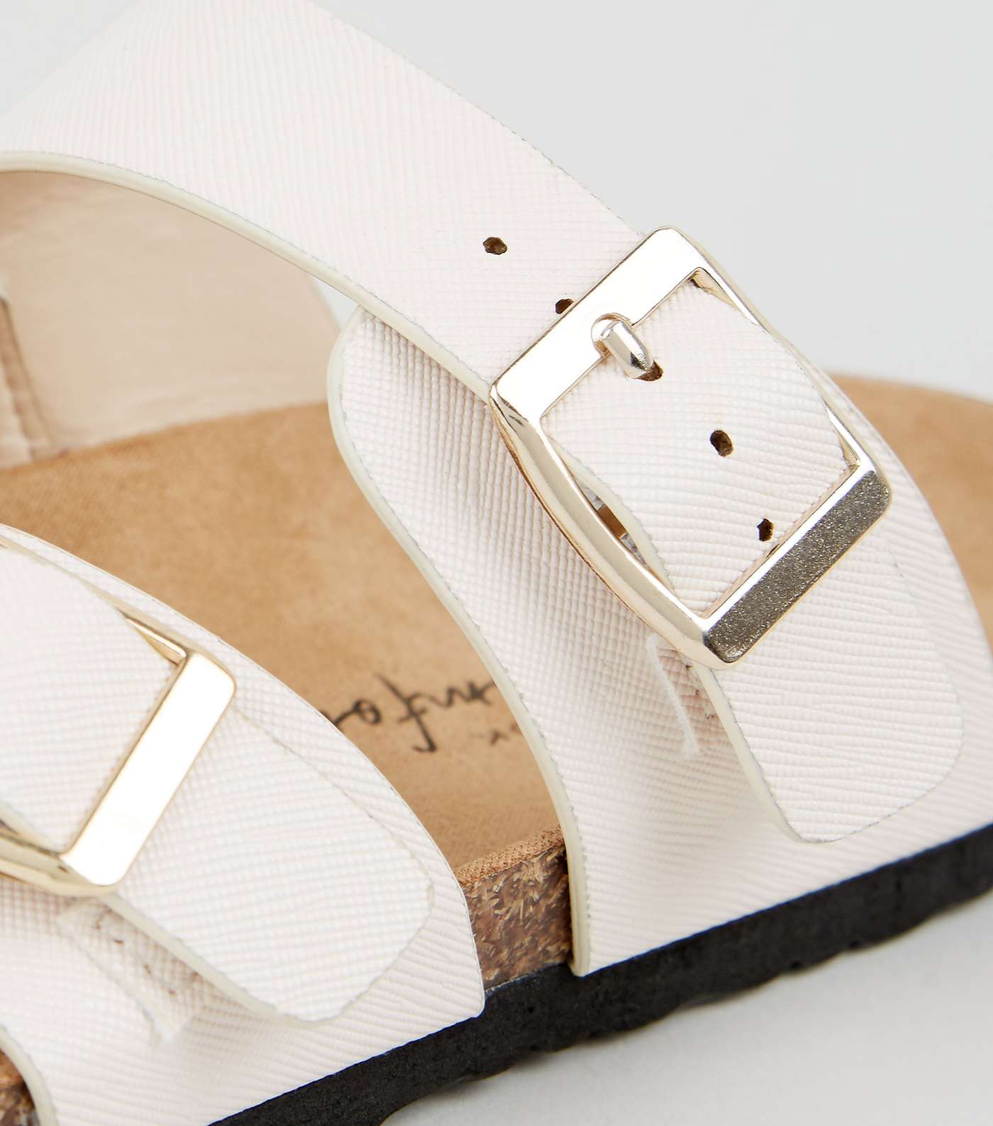 Wide Fit Off White Cross Strap Buckle Footbed Sliders Image 4