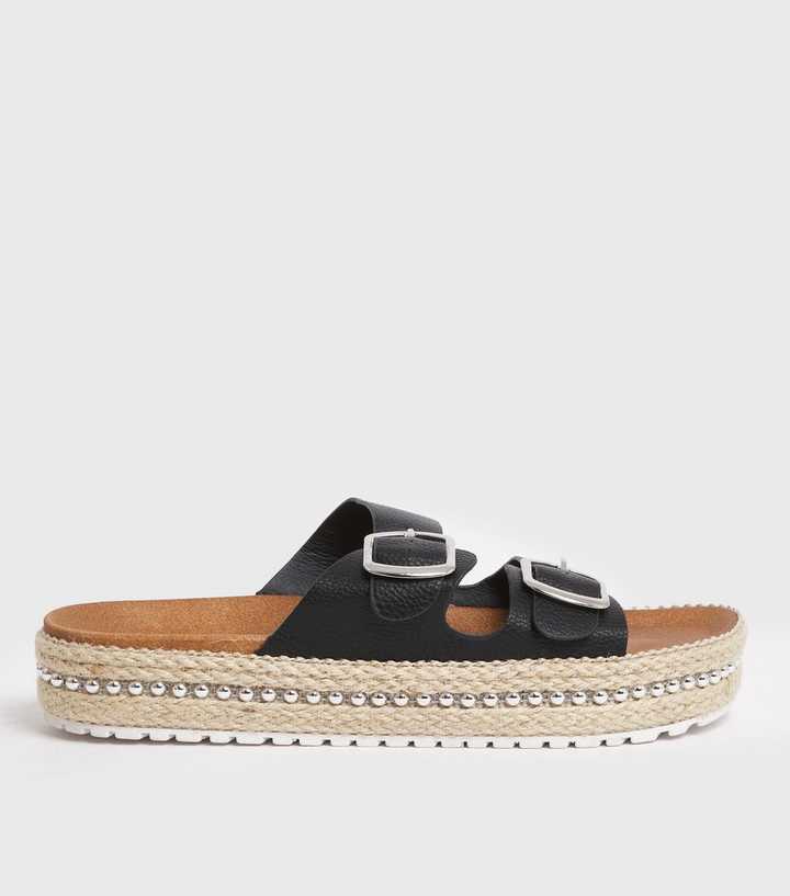Black Beaded Espadrille Chunky Sliders