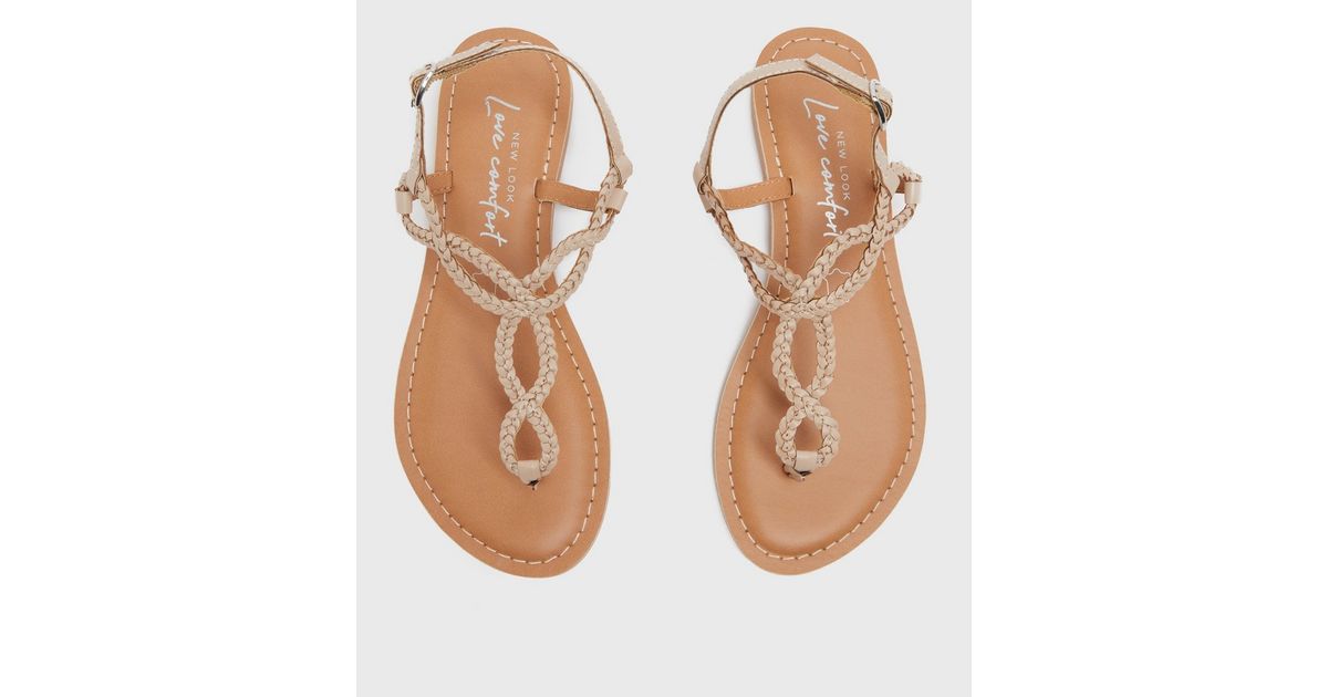 Cream Leather Twist Plait Strap Flat Sandals New Look