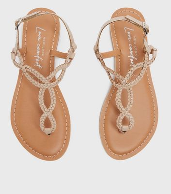 Rose Gold Leather-Look Plaited Strap Footbed Sandals | New Look