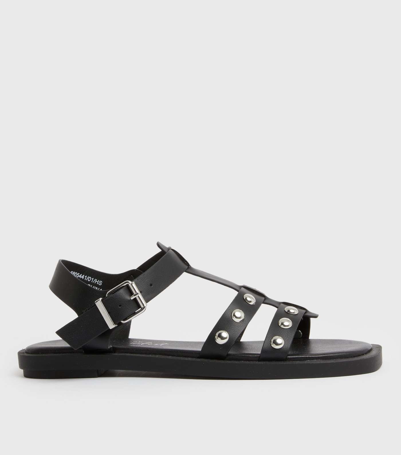 Black Leather-Look Studded Flat Sandals 
