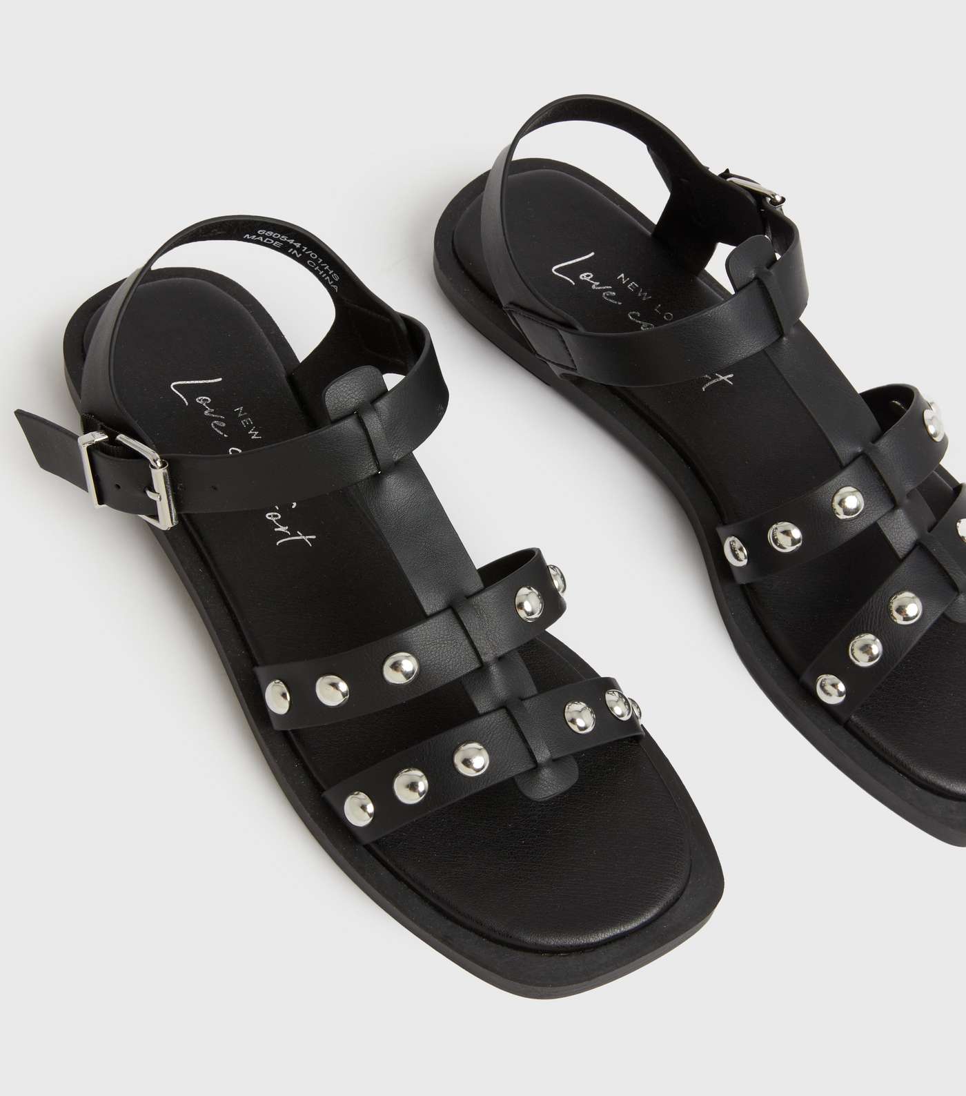 Black Leather-Look Studded Flat Sandals  Image 3