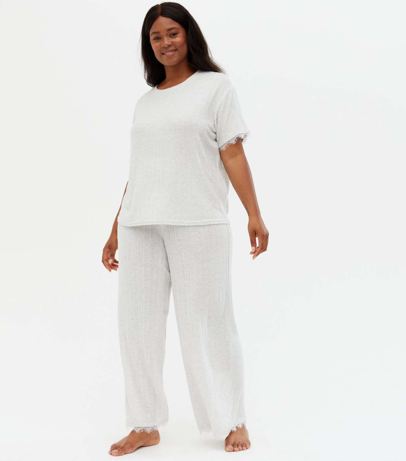 Curves Pale Grey Ribbed Lace Hem Lounge Trousers