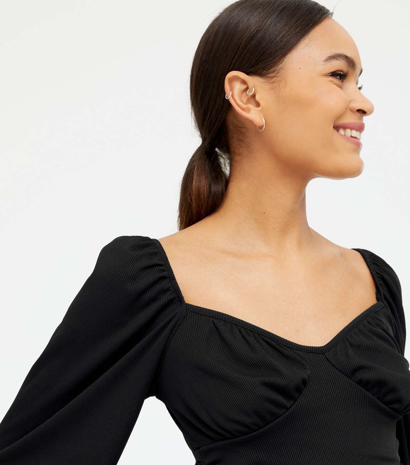 Black Ruched Side Puff Sleeve Top Image 4