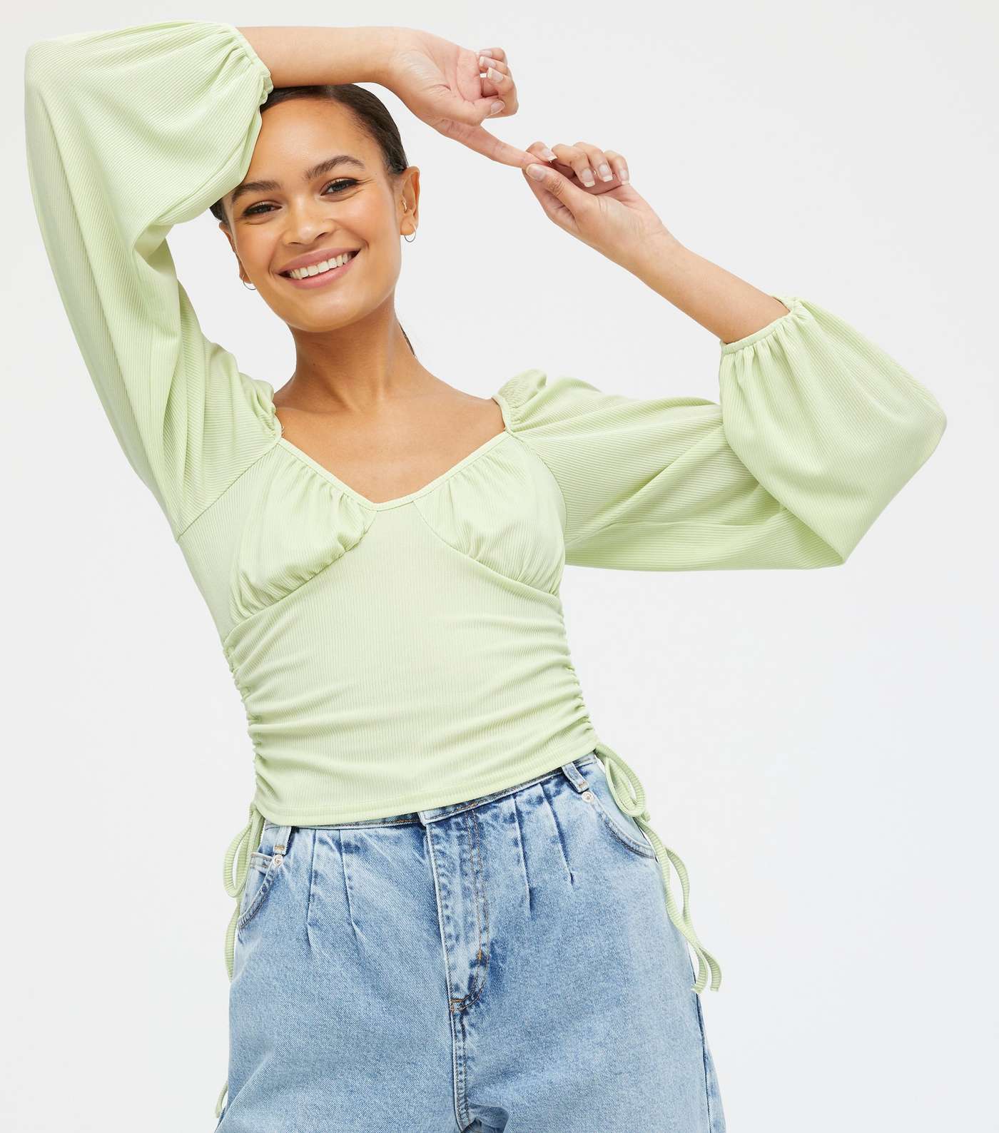 Light Green Ruched Side Puff Sleeve Top
