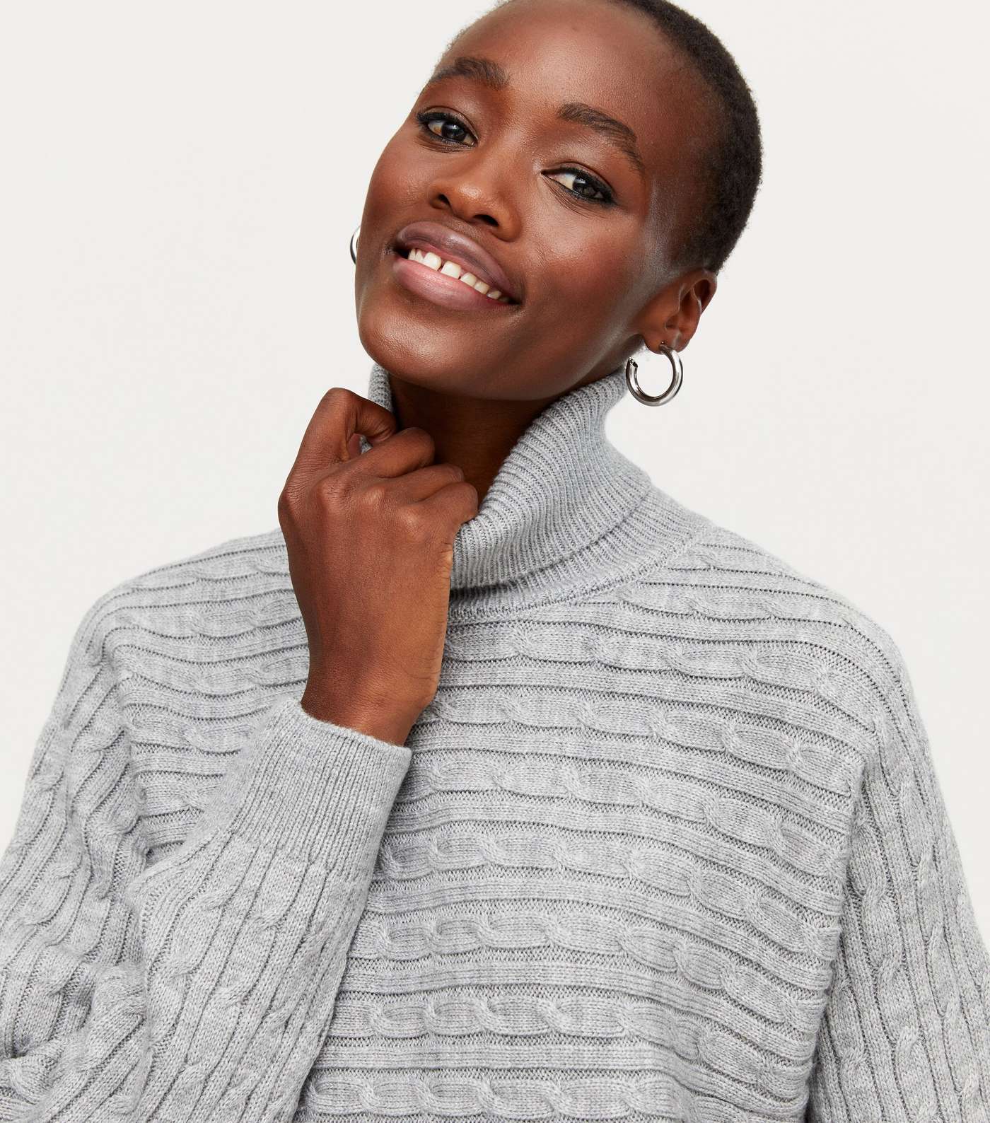 Tall Grey Cable Knit Roll Neck Jumper Image 4