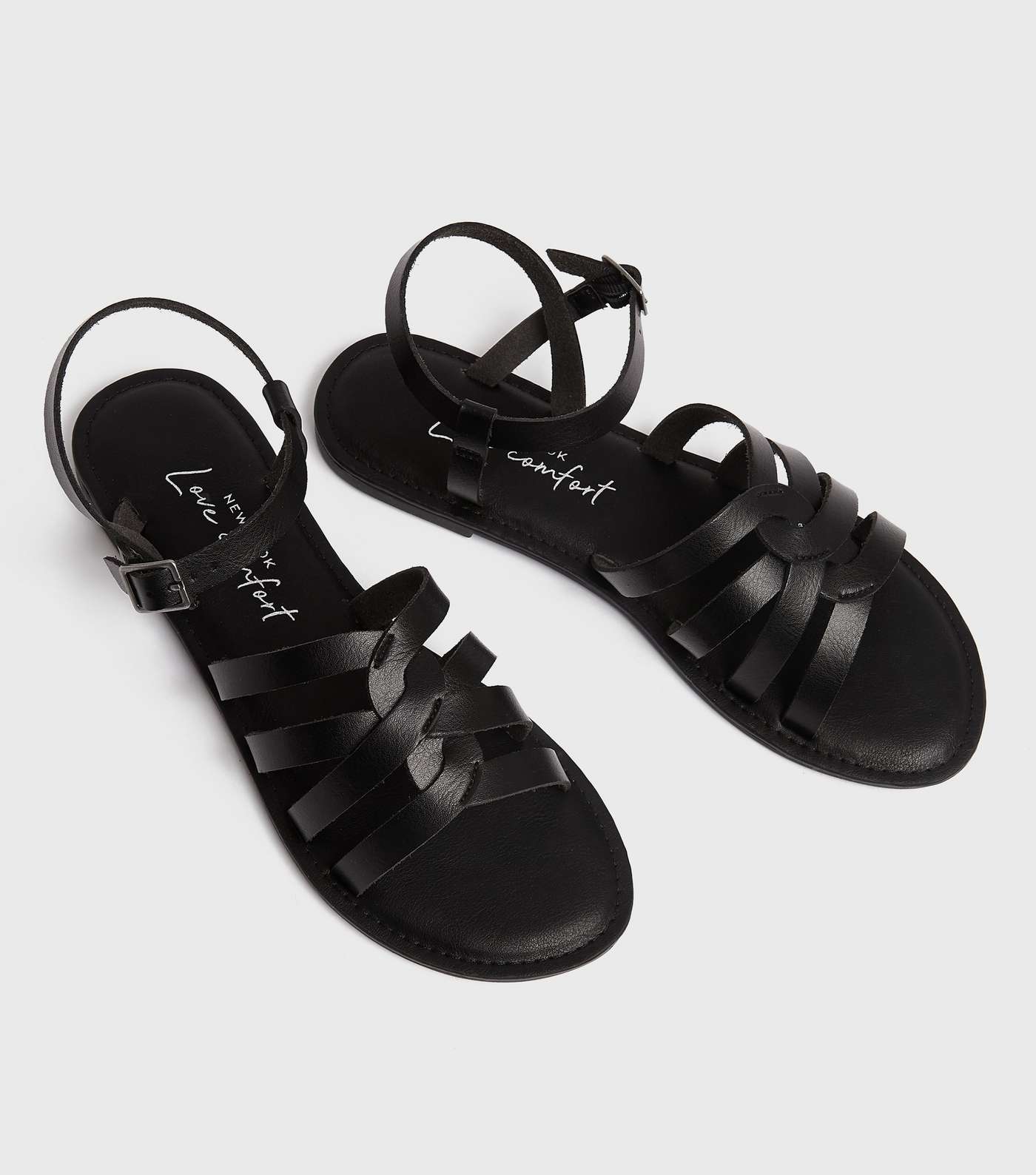 Black Leather-Look Flat Gladiator Sandals Image 3
