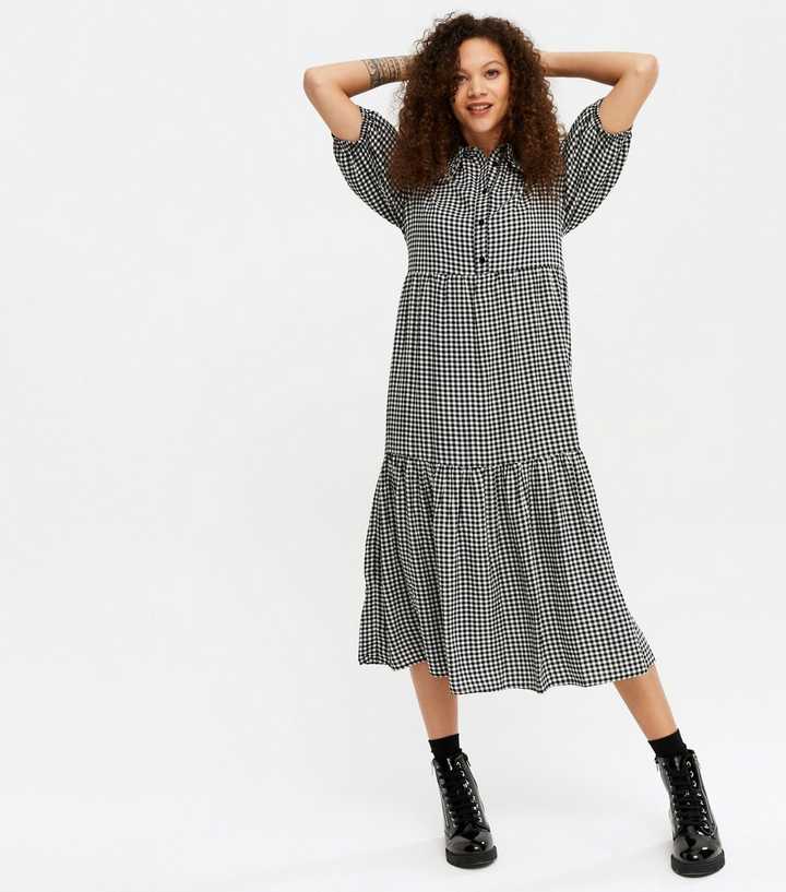 Petite Black Gingham Frill Collar Smock Midi Dress | New Look