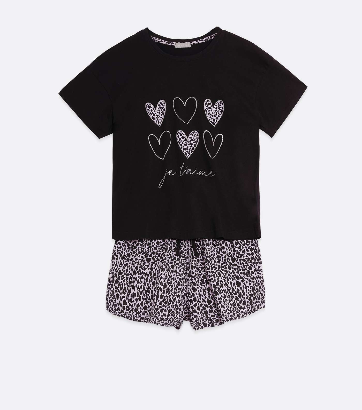 Black Leopard Print Heart Logo Shorts Pyjama Set Image 5