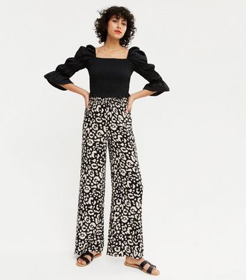 Black Leopard Print Shirred Wide Leg 