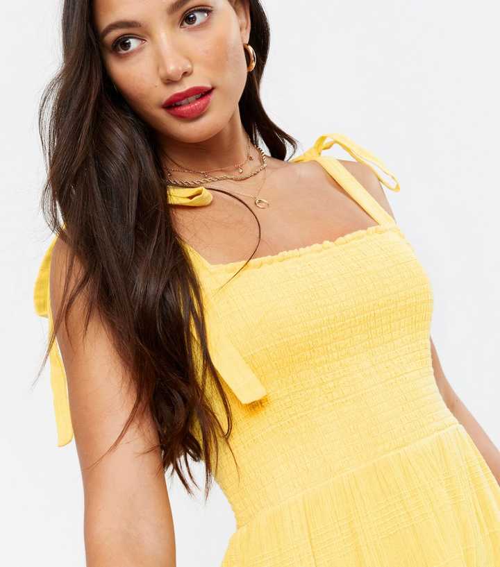 Tall Yellow Tie Strap Shirred Tiered Midi Dress