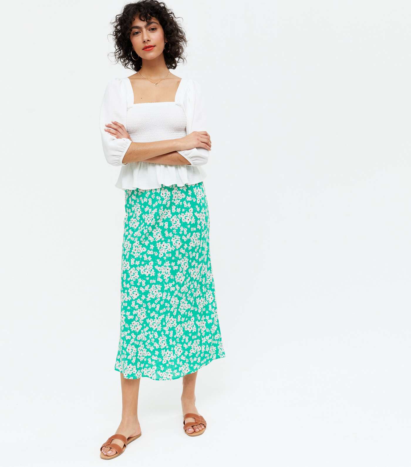 Green Ditsy Floral Midi Skirt