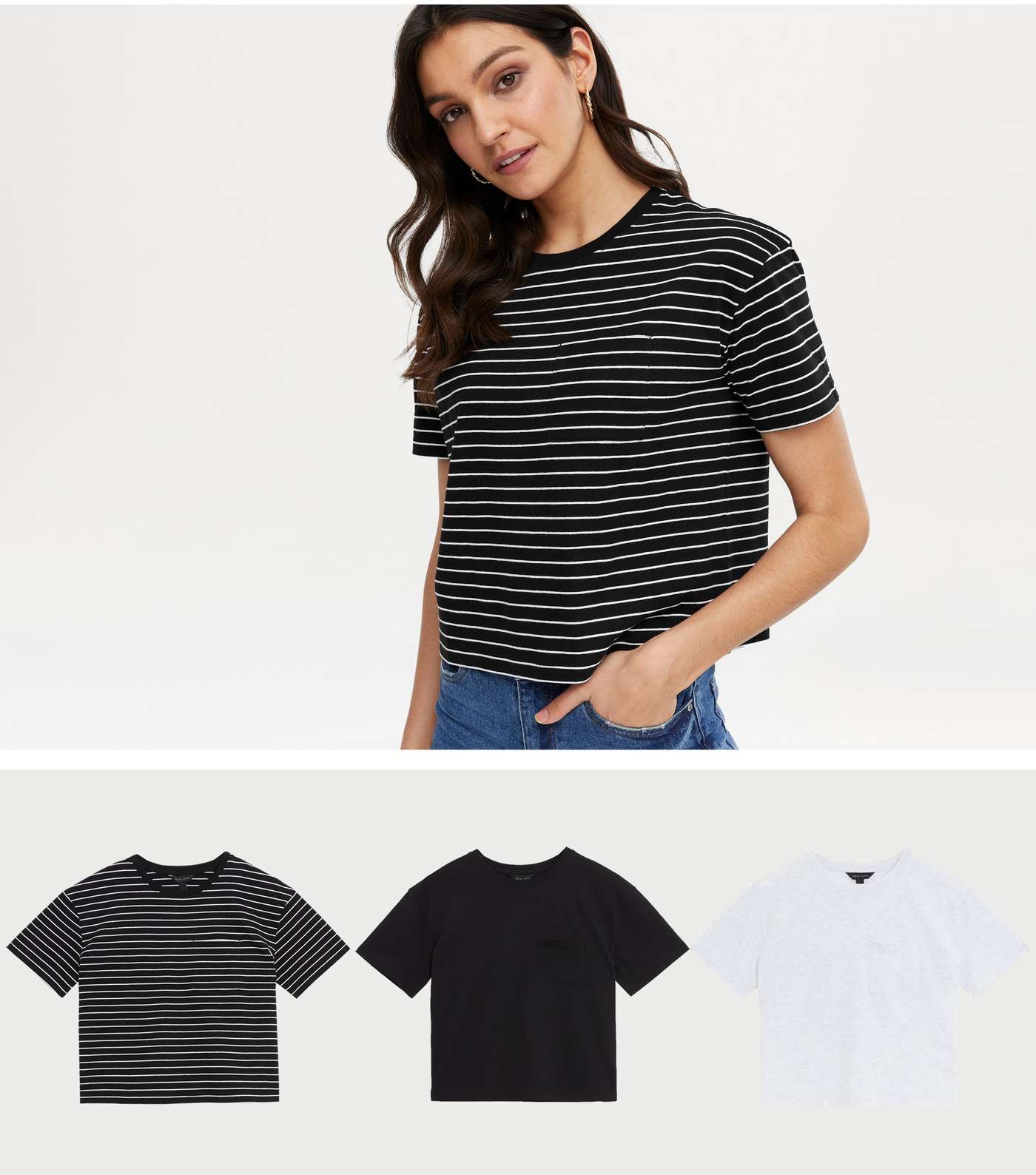 3 Pack White Stripe and Black Boxy T-Shirts
