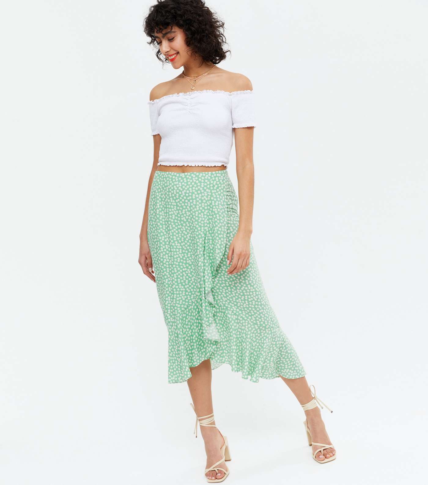 Green Ditsy Floral Ruffle Wrap Midi Skirt