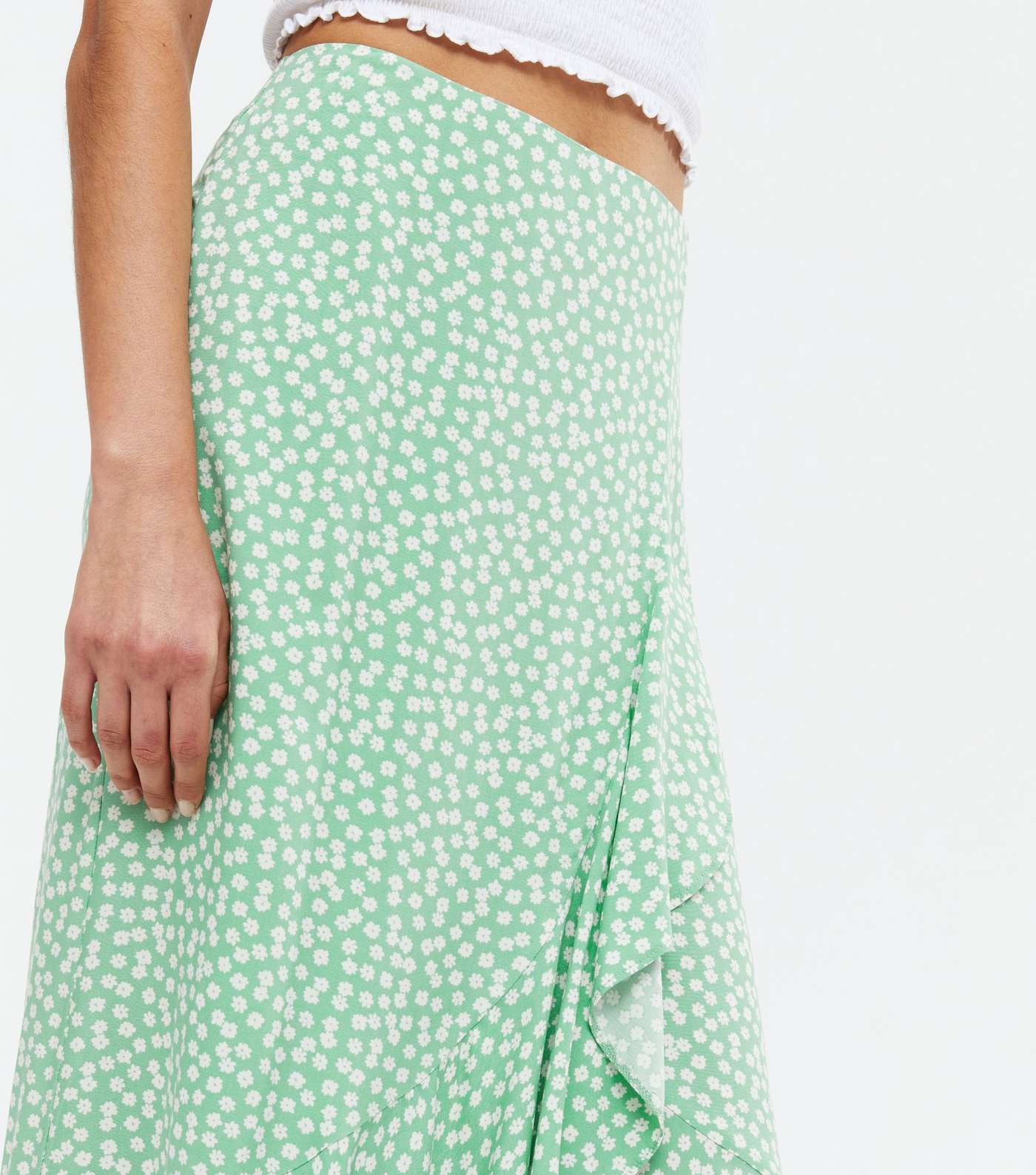 Green Ditsy Floral Ruffle Wrap Midi Skirt Image 3