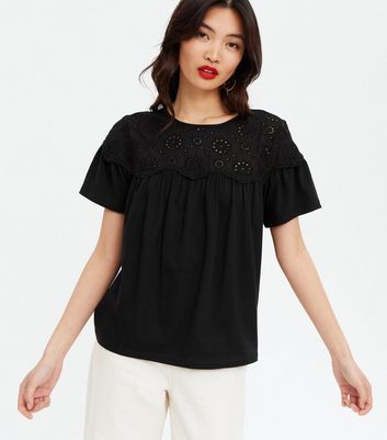 Black Broderie Panel T-Shirt New Look