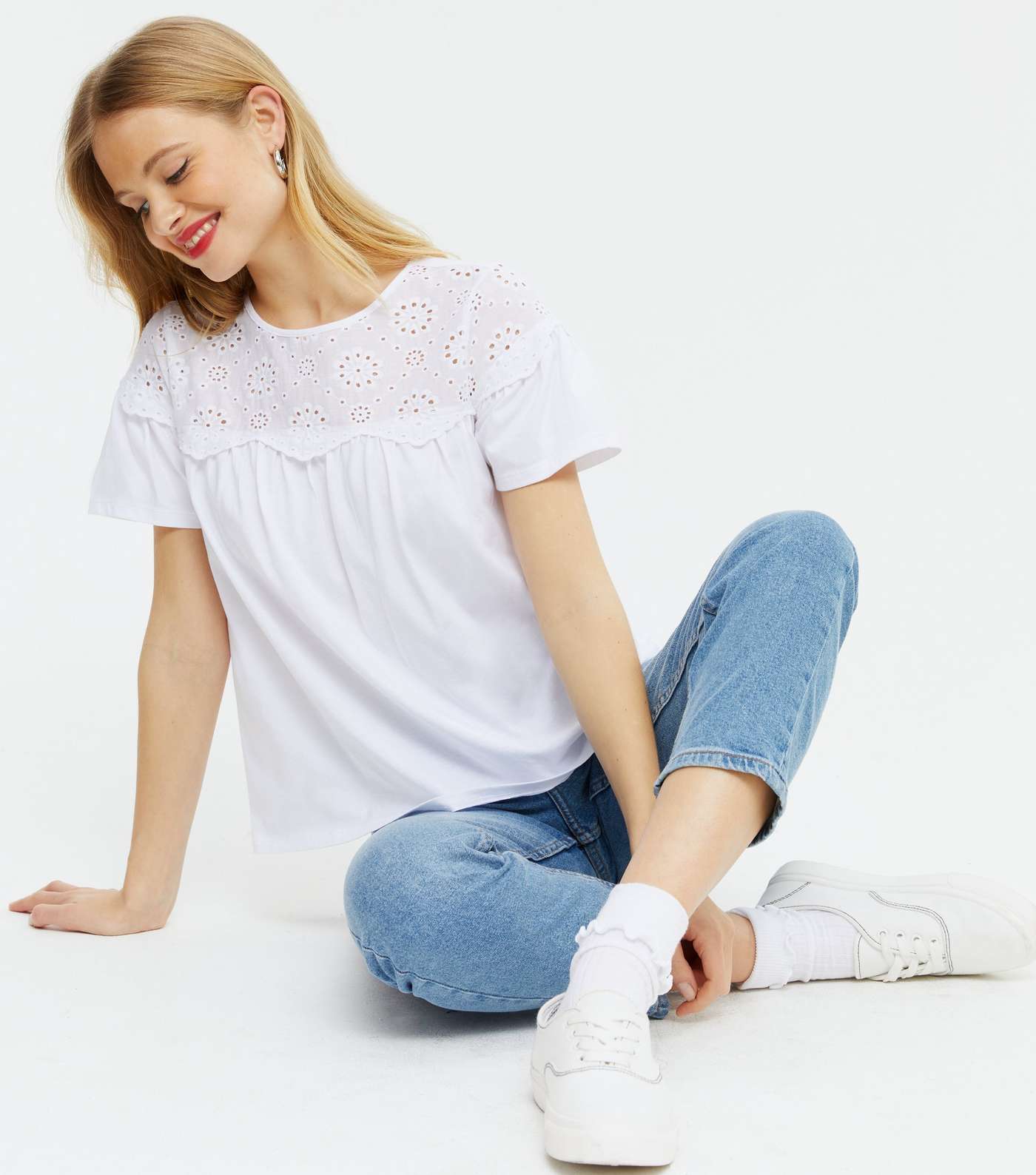White Broderie Panel T-Shirt Image 2