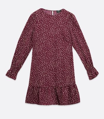 Image of AX Paris Dark Purple Spot Ruffle Hem Shift Dress New Look