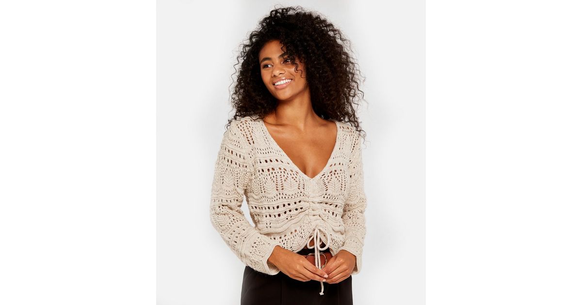 Apricot Stone Pointelle Knit Tie Crop Jumper