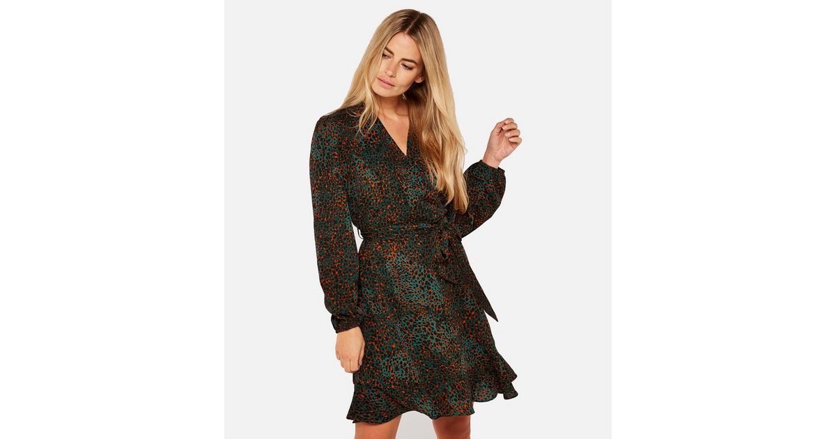 Apricot Green Leopard Print Frill Wrap Dress New Look