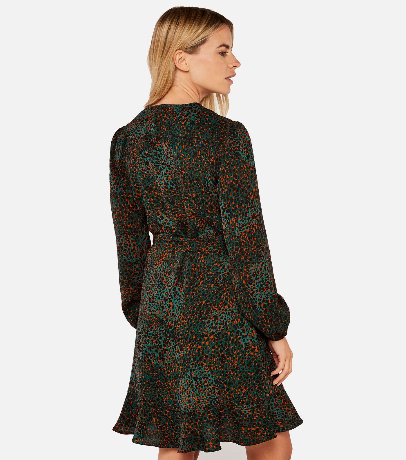 Apricot Green Leopard Print Frill Wrap Dress Image 3