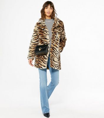 Blue Vanilla Camel Tiger Print Faux Fur Coat | New Look