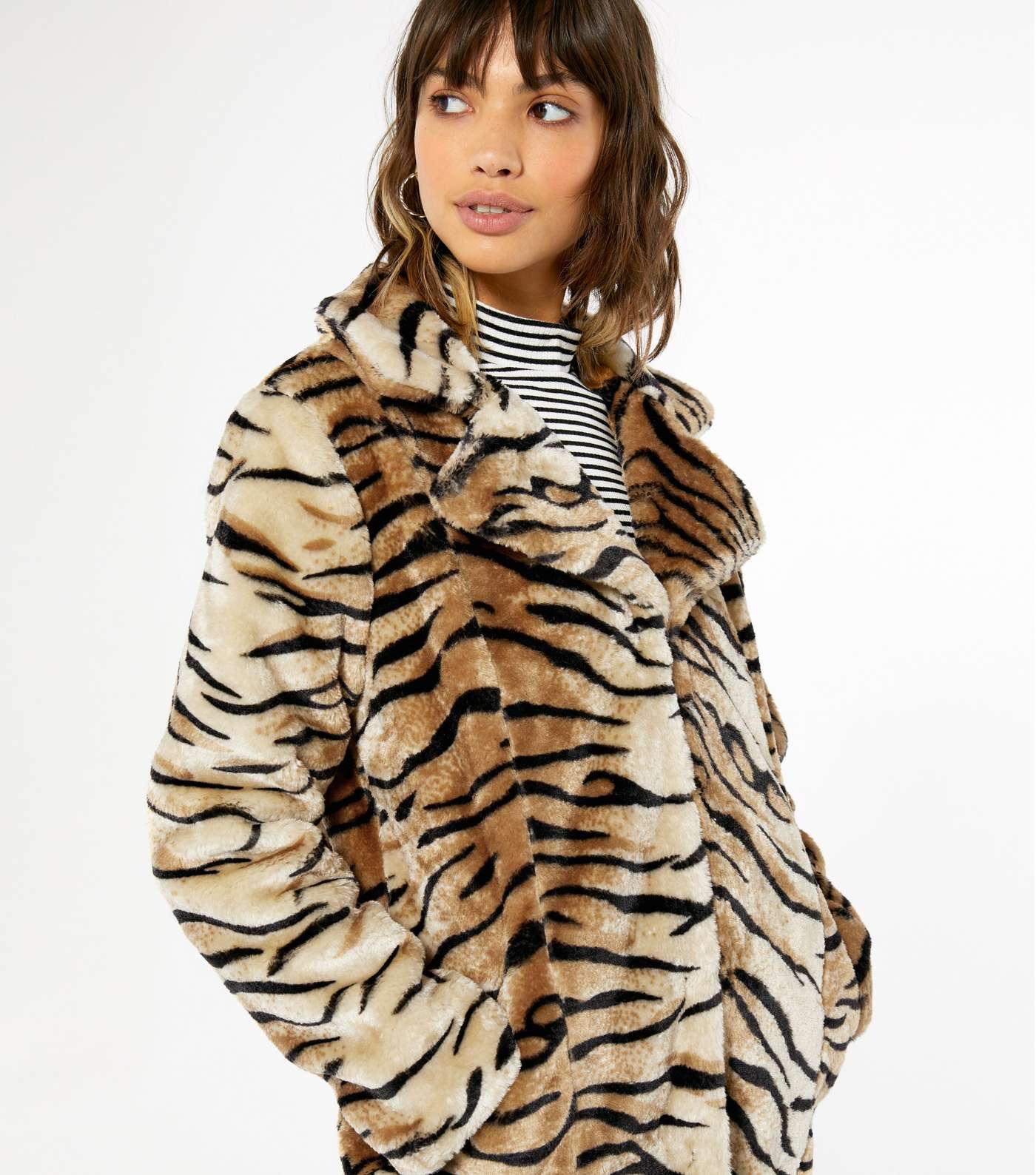 Blue Vanilla Camel Tiger Print Faux Fur Coat  Image 3