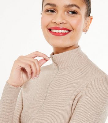 Image of Pink Vanilla Camel Ribbed Zip High Neck Jumper New Look