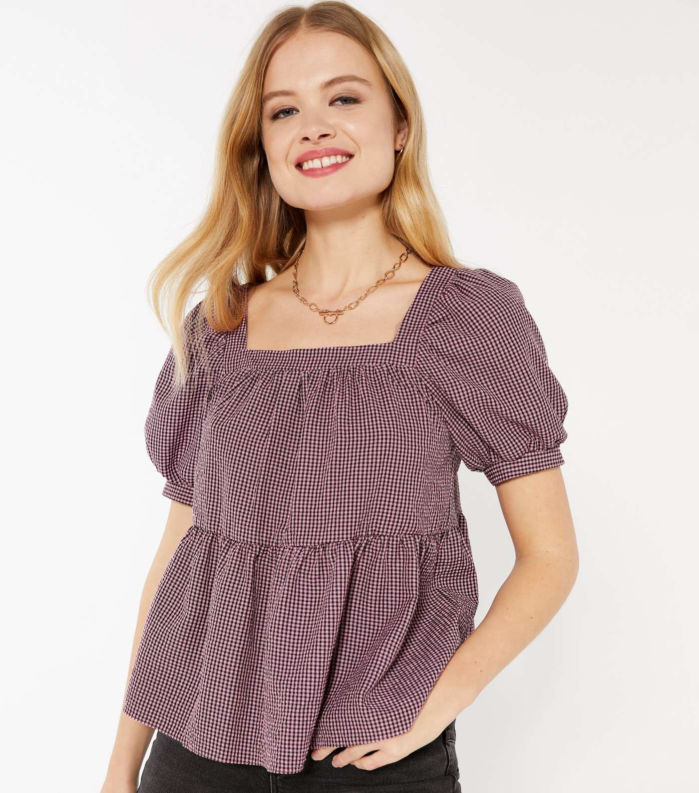 Deep Pink Check Square Neck Blouse 