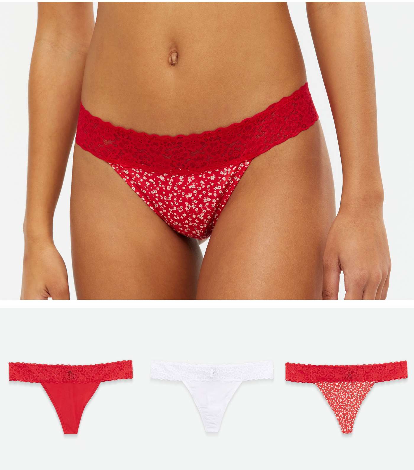 3 Pack Red and White Lace Waist Thongs