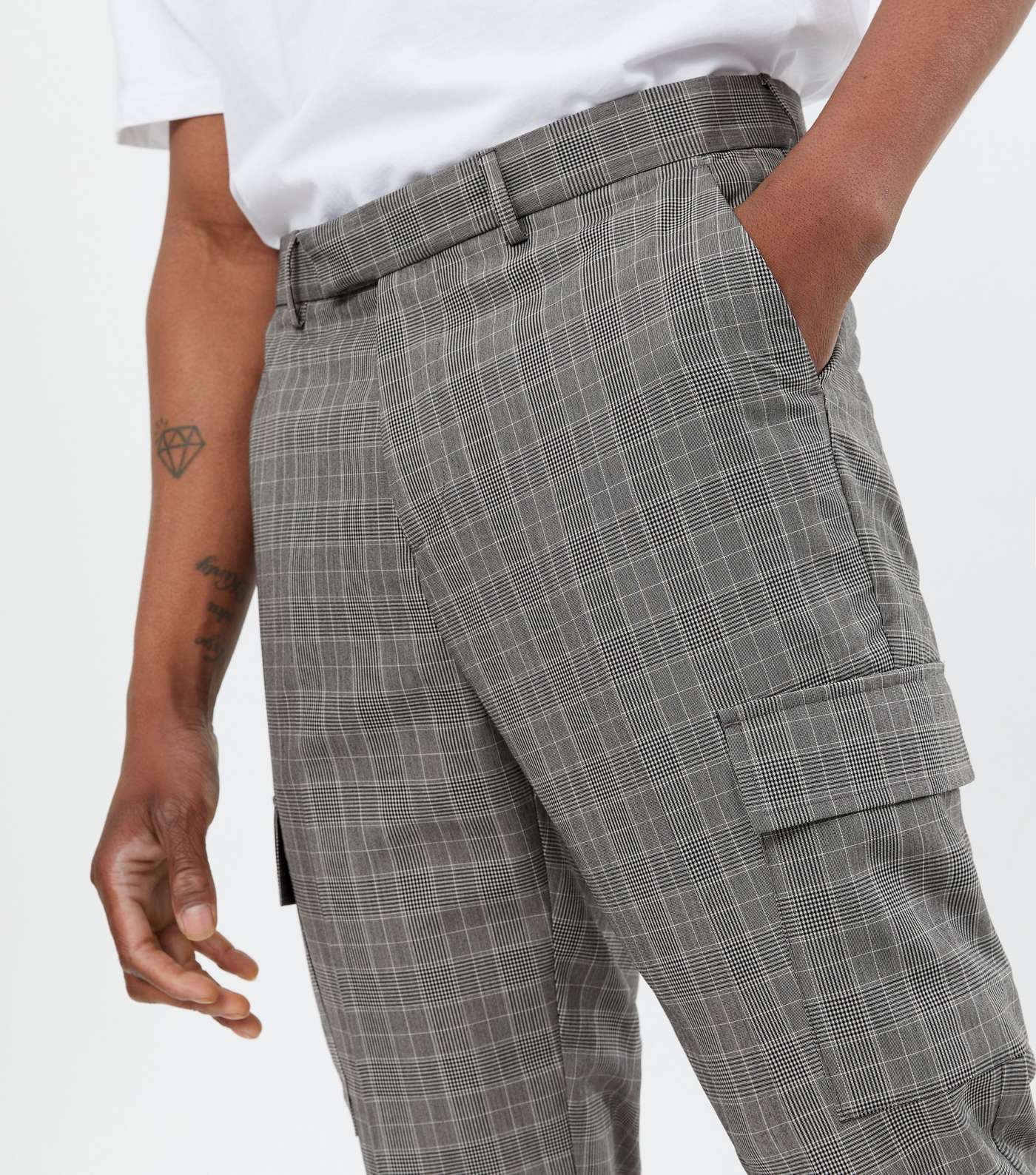 Grey Check Tapered Cargo Trousers Image 3