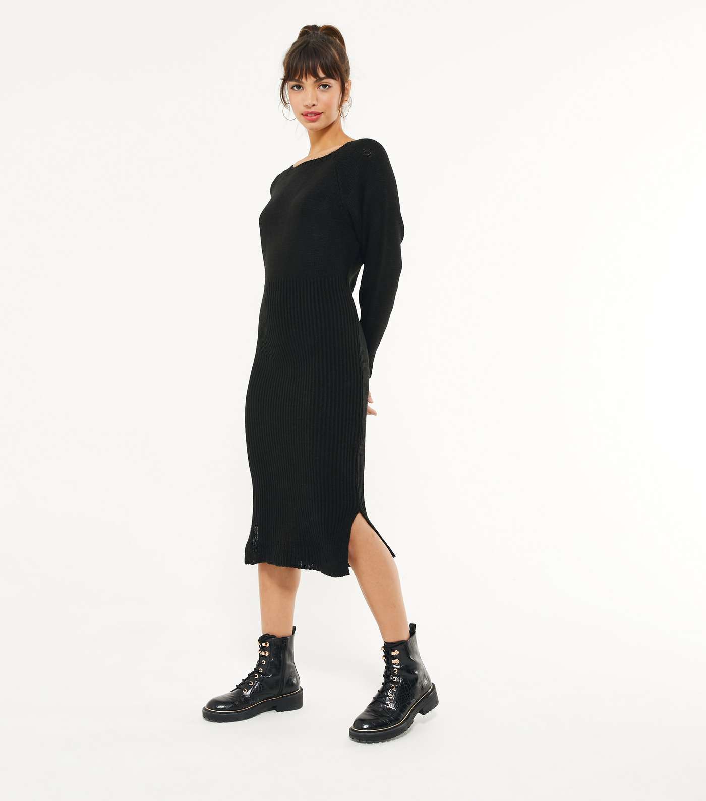 Mela Black Knit Ribbed Midi Dress Image 2