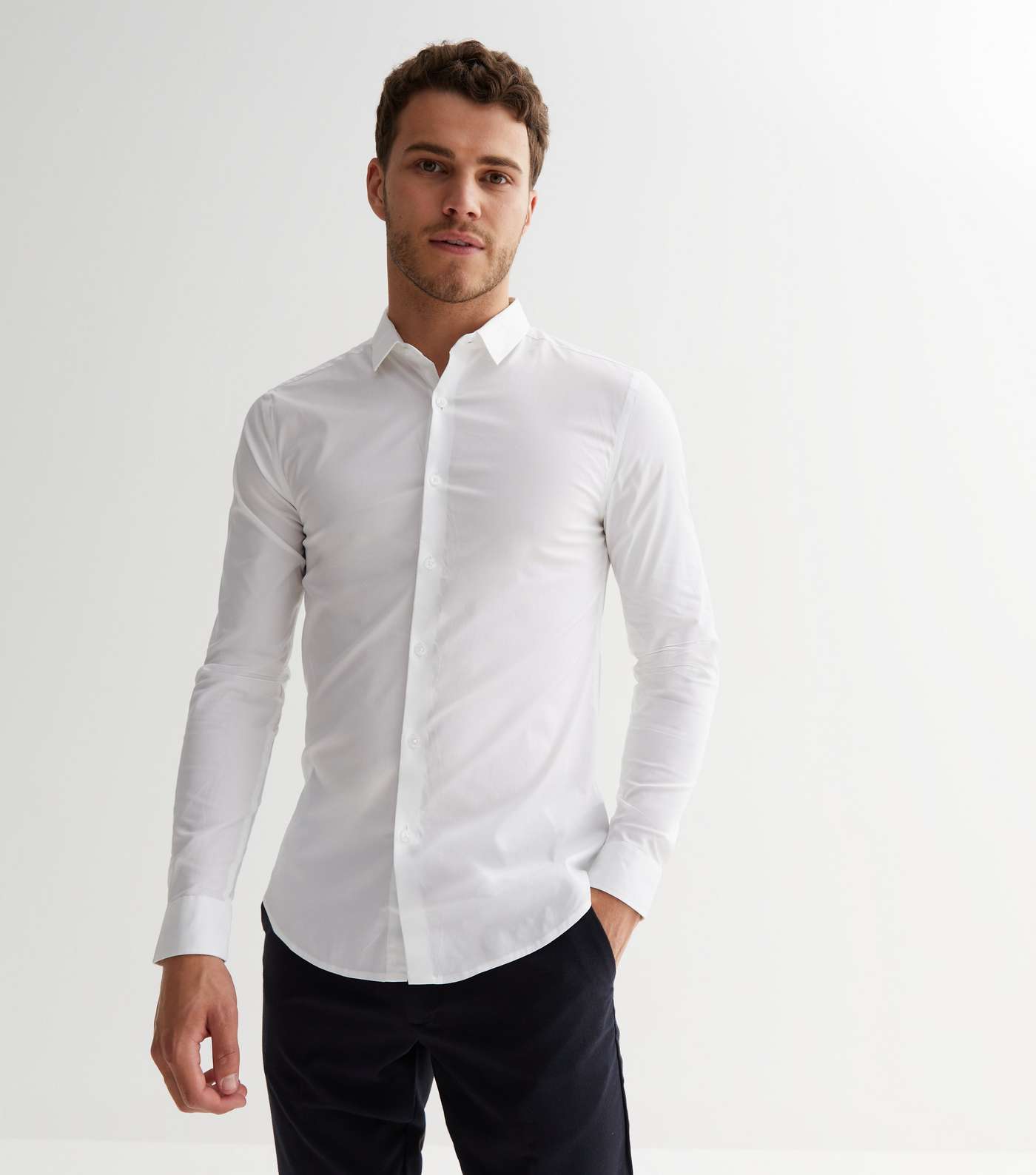 White Poplin Long Sleeve Muscle Fit Shirt Image 2