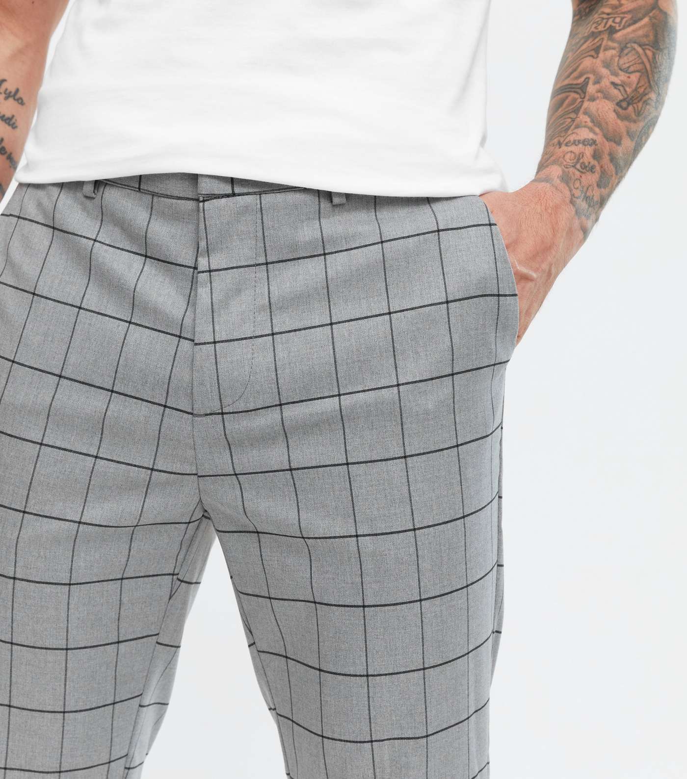 Pale Grey Grid Check Skinny Crop Trousers Image 3