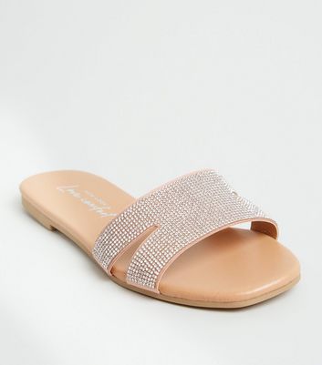 Pale Pink Diamant Embellished Sliders New Look