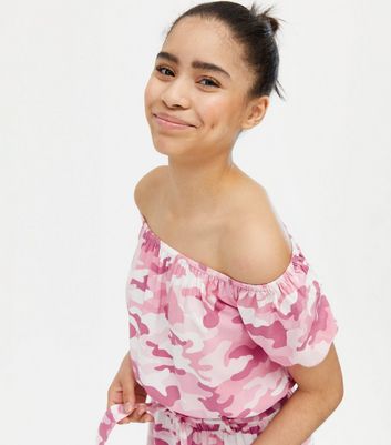 Girls Pink Camo Bardot Top New Look