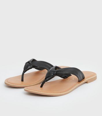 Black Leather Knot Flip Flops | New Look