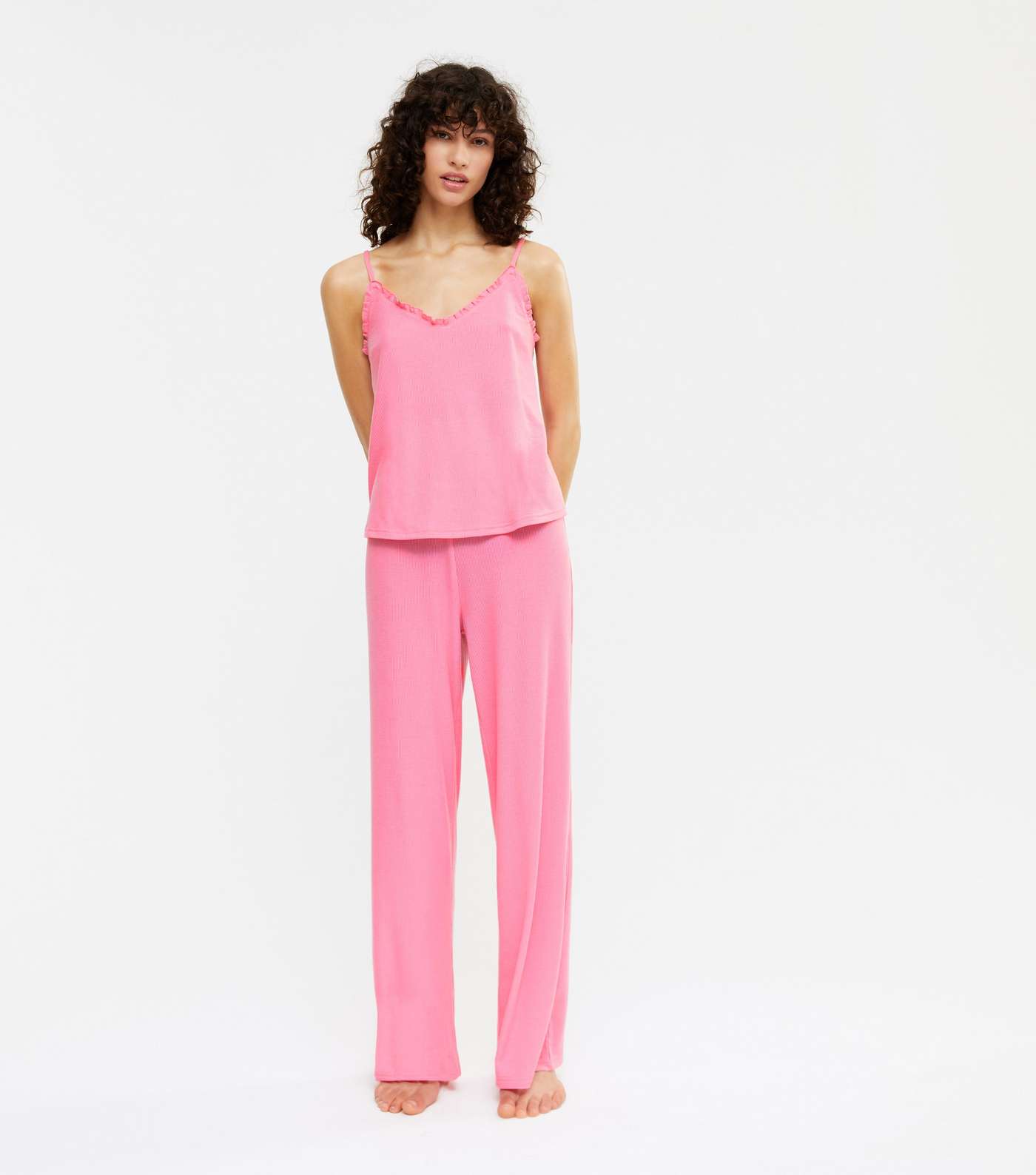 Bright Pink Ribbed Frill Wide Leg Trouser Pyjama Set Image 2